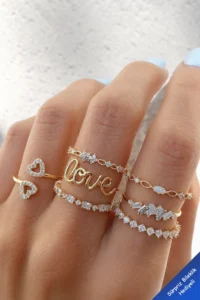 The Collection 7's Kombin Love Text Print Eklem Gold Rocky Ring Set