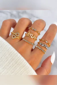 The Collection 7's Kombin Love Text Print Eklem Gold Rocky Ring Set - Image 2