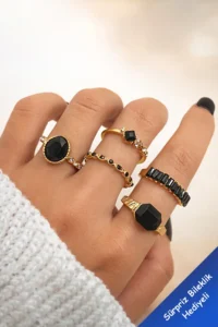 The Collection 5-Piece Combination Crystal Black Stone Model Gold Ring Set
