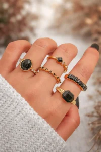 The Collection 5-Piece Combination Crystal Black Stone Model Gold Ring Set - Image 2
