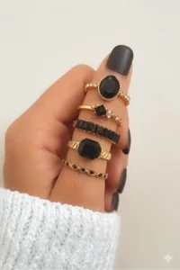 The Collection 5-Piece Combination Crystal Black Stone Model Gold Ring Set - Image 3
