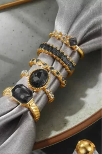 The Collection 5-Piece Combination Crystal Black Stone Model Gold Ring Set - Image 4