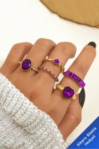 The Collection 5 Sets Kombin Crystal Purple Rocky Model Gold Ring Set