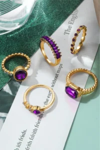 The Collection 5 Sets Kombin Crystal Purple Rocky Model Gold Ring Set - Image 3