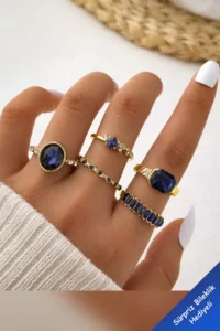 The Collection 5-Piece Combination Crystal Blue Stone Model Gold Ring Set