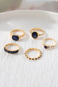 The Collection 5-Piece Combination Crystal Blue Stone Model Gold Ring Set - Image 4