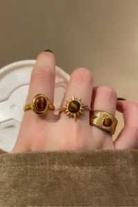 The Collection 3-Piece Combination Brown Stone Gold Vintage Adjustable Ring Set
