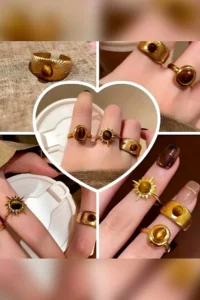 The Collection 3-Piece Combination Brown Stone Gold Vintage Adjustable Ring Set - Image 3