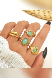 The Collection 4-Piece Combination Turquoise Blue Stone Model Gold Ring Set - Image 3