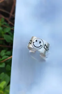 The Collection Antique Silver Plated Smiling Face Lightning Detail Adjustable Ring