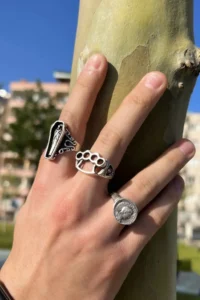 The Collection Silver Plated Medallion Model Brass Knuckles Model And Casket Adjustable Ring Set