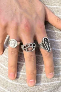 The Collection Silver Plated Medallion Model Brass Knuckles Model And Casket Adjustable Ring Set - Image 2