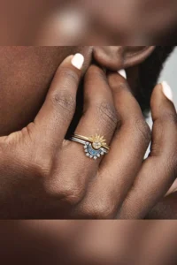 The Collection Sky Blue Sparkling Sun and Crescent Moon Adjustable Couple Friendship Lover Ring - Image 2