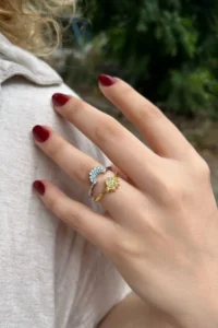 The Collection Sky Blue Sparkling Sun and Crescent Moon Adjustable Couple Friendship Lover Ring - Image 3