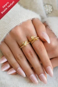 The Collection Set of 2 Modern Heart and Solitaire Detailed Form Vip Gold Rings - Image 2