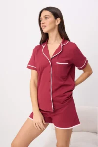 TRENDYOLMİLLA Burgundy 100% Cotton Biye Detailed OF shorts Knitting Pajama Set