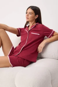 TRENDYOLMİLLA Burgundy 100% Cotton Biye Detailed OF shorts Knitting Pajama Set - Image 2