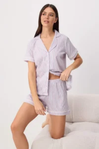 TRENDYOLMİLLA Lilac-Multicolored 100% Cotton Striped Piped OF shorts Knitting Pajama Set - Image 2