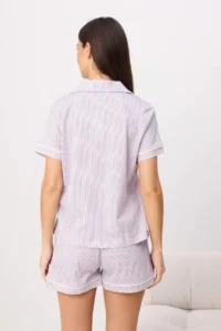 TRENDYOLMİLLA Lilac-Multicolored 100% Cotton Striped Piped OF shorts Knitting Pajama Set - Image 4