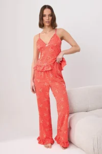 TRENDYOLMİLLA Red 100% Cotton Striped and Ribbon Frilly Knitting Pajama Set