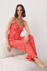 TRENDYOLMİLLA Red 100% Cotton Striped and Ribbon Frilly Knitting Pajama Set - Image 2