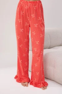 TRENDYOLMİLLA Red 100% Cotton Striped and Ribbon Frilly Knitting Pajama Set - Image 3