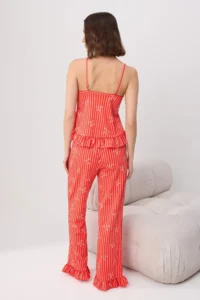 TRENDYOLMİLLA Red 100% Cotton Striped and Ribbon Frilly Knitting Pajama Set - Image 4