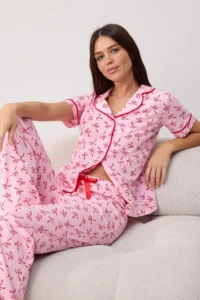 TRENDYOLMİLLA Pink 100% Cotton Ribbon Patterned Piped Knitting Pajama Set - Image 2