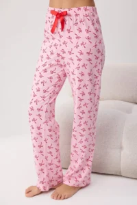 TRENDYOLMİLLA Pink 100% Cotton Ribbon Patterned Piped Knitting Pajama Set - Image 3
