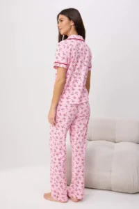 TRENDYOLMİLLA Pink 100% Cotton Ribbon Patterned Piped Knitting Pajama Set - Image 4