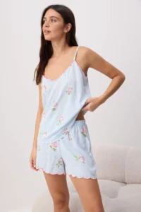 TRENDYOLMİLLA Mavi Floral shally Weaving Pajama Set - Image 2