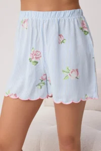 TRENDYOLMİLLA Mavi Floral shally Weaving Pajama Set - Image 3