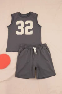 Anthracite-Blue 3 Sets Printed Knitting Boys' Bottom - Top Set - Image 2