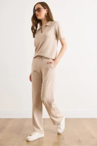 Olalook Women's Stone Polo Collar Top and Bottom Viscose Suit