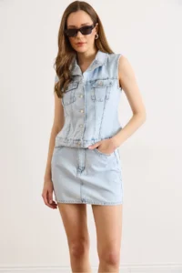 Olalook Women's Light Blue Vest Skirt Washed Suit - Image 2