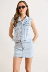 Olalook Women's Light Blue Vest Skirt Washed Suit - Image 3