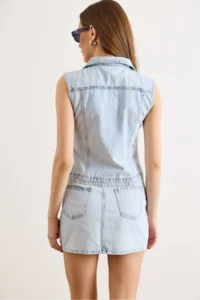 Olalook Women's Light Blue Vest Skirt Washed Suit - Image 6