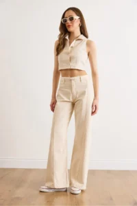 Olalook Women Cream Vest Pants DENIM Set - Image 2