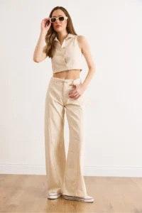 Olalook Women Cream Vest Pants DENIM Set - Image 3