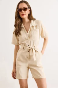 Olalook Women's Cream Belted Pocketed Denim Shorts Overalls