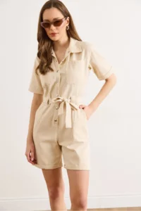 Olalook Women's Cream Belted Pocketed Denim Shorts Overalls - Image 2