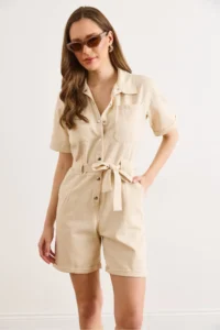 Olalook Women's Cream Belted Pocketed Denim Shorts Overalls - Image 3