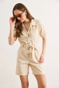 Olalook Women's Cream Belted Pocketed Denim Shorts Overalls - Image 4