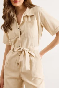 Olalook Women's Cream Belted Pocketed Denim Shorts Overalls - Image 5