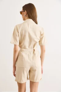 Olalook Women's Cream Belted Pocketed Denim Shorts Overalls - Image 6