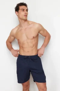 MAN Navy Blue Cargo with pocket Standard Size Swimsuit Swim Shorts - Image 4