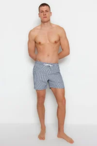 MAN Navy Blue Striped seersucker Material Swimsuit Swim Shorts - Image 2