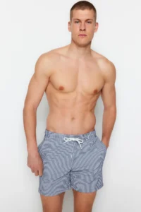 MAN Navy Blue Striped seersucker Material Swimsuit Swim Shorts - Image 3