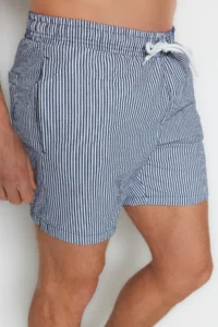 MAN Navy Blue Striped seersucker Material Swimsuit Swim Shorts - Image 4
