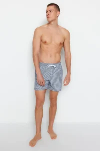 MAN Navy Blue Striped seersucker Material Swimsuit Swim Shorts - Image 7